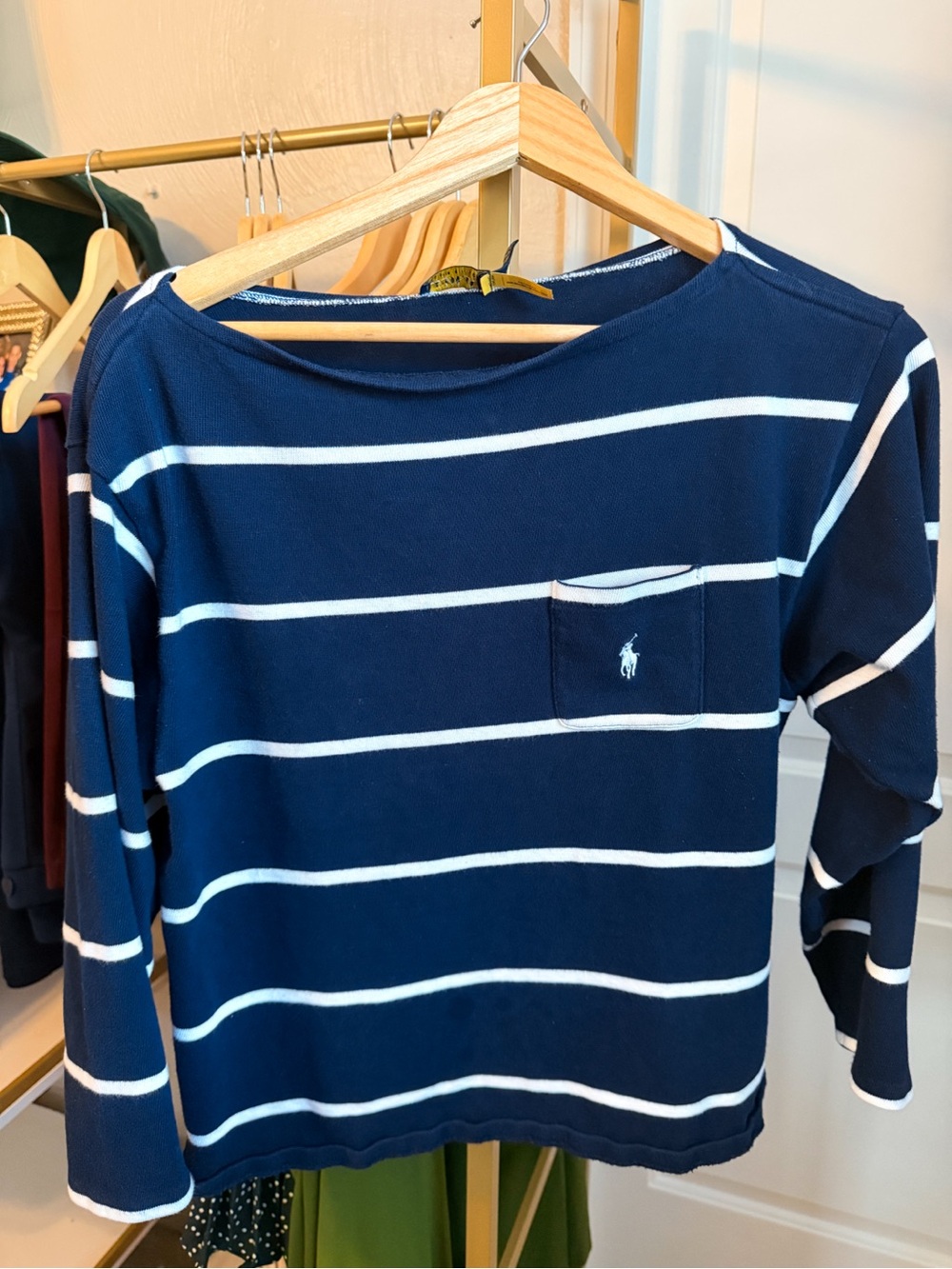 Ralph Lauren Navy and White Striped Long-Sleeve Pocket Tee